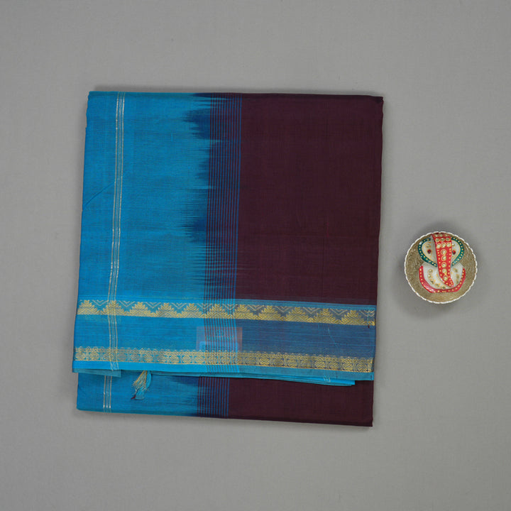 Hayagrivas Handloom Wine Purple Ten Yards Kanjivaram Silk Cotton Saree with Aqua Blue Border KBE106D1-1
