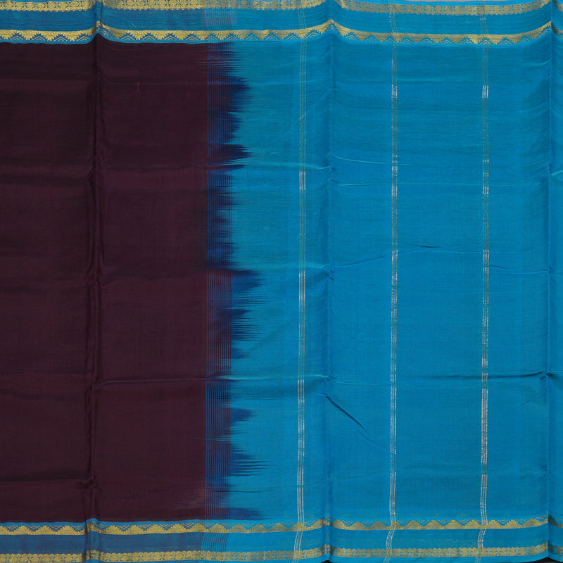 Hayagrivas Handloom Wine Purple Ten Yards Kanjivaram Silk Cotton Saree with Aqua Blue Border KBE106D1-1