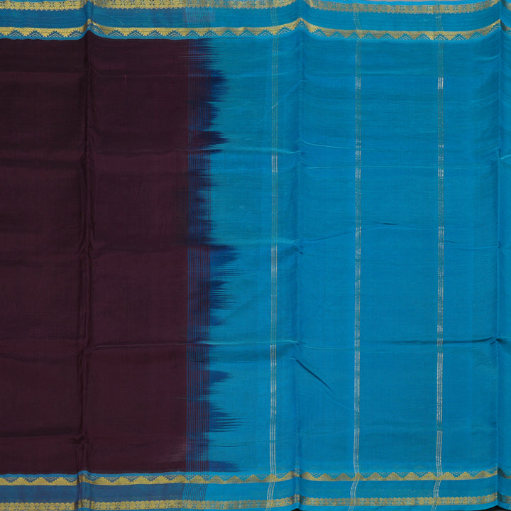 Hayagrivas Handloom Wine Purple Ten Yards Kanjivaram Silk Cotton Saree with Aqua Blue Border KBE106D1-1