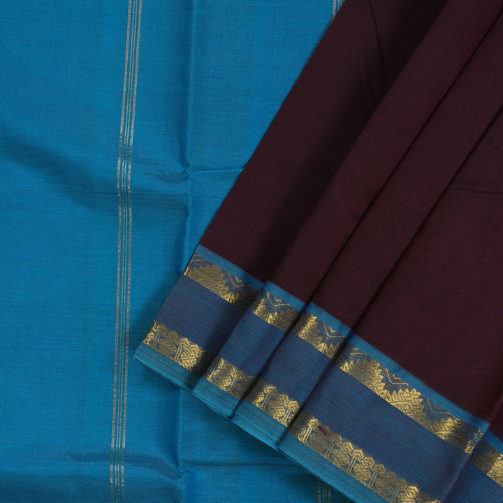 Hayagrivas Handloom Wine Purple Ten Yards Kanjivaram Silk Cotton Saree with Aqua Blue Border KBE106D1-1