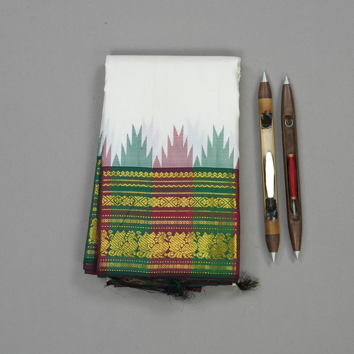 Hayagrivas Handloom White Kanjivaram Silk Saree with Araku Maroon & Bottle Green border KBE1070I5-1