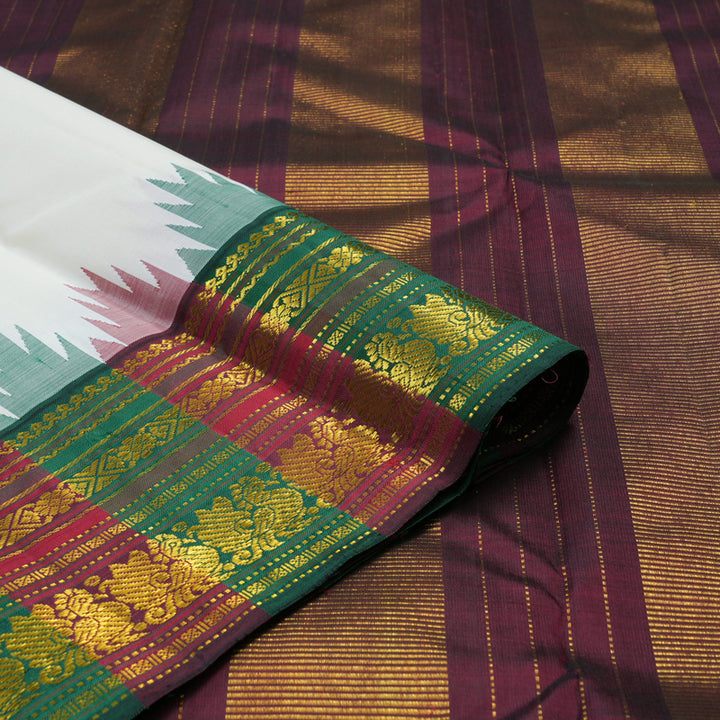 Hayagrivas Handloom White Kanjivaram Silk Saree with Araku Maroon & Bottle Green border KBE1070I5-1
