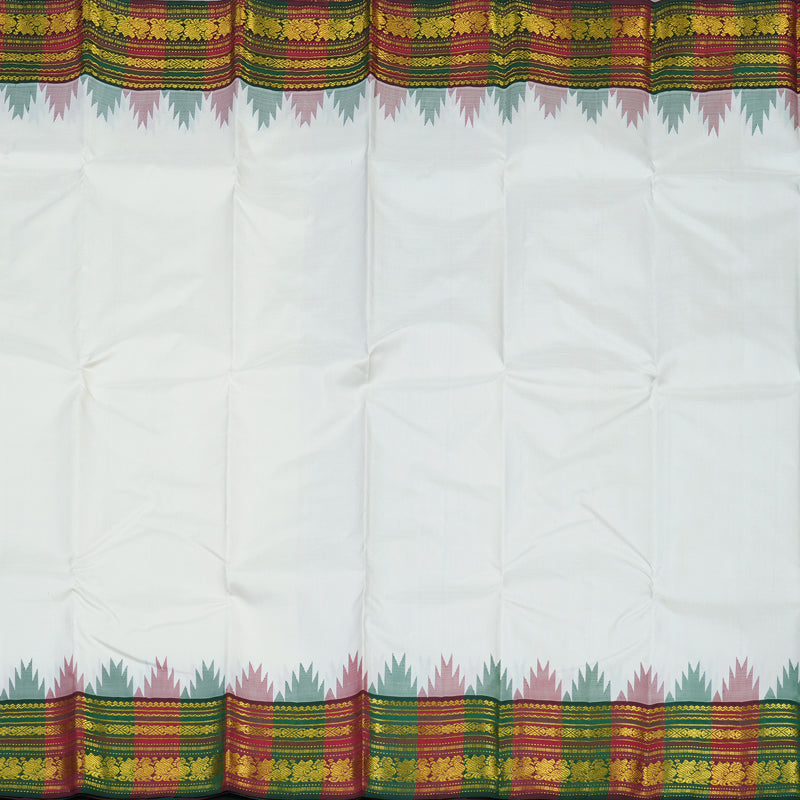 Hayagrivas Handloom White Kanjivaram Silk Saree with Araku Maroon & Bottle Green border KBE1070I5-1