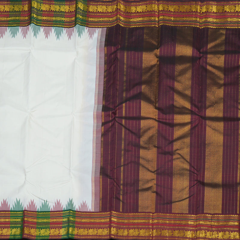 Hayagrivas Handloom White Kanjivaram Silk Saree with Araku Maroon & Bottle Green border KBE1070I5-1