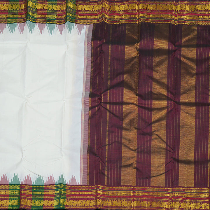 Hayagrivas Handloom White Kanjivaram Silk Saree with Araku Maroon & Bottle Green border KBE1070I5-1