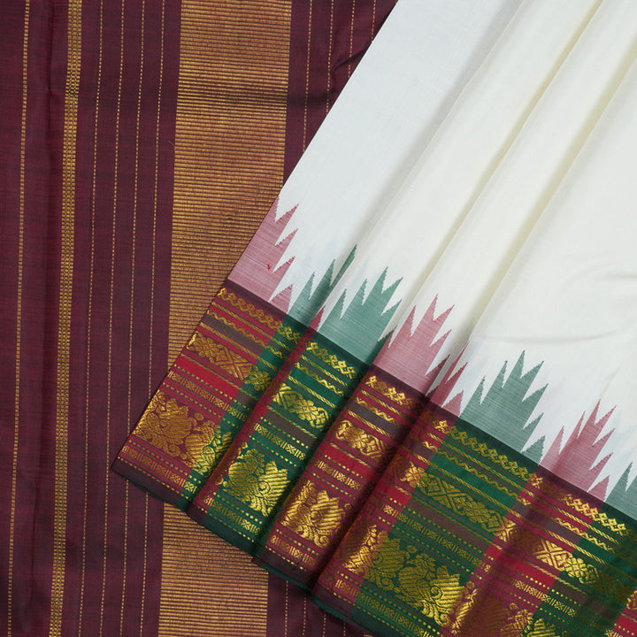 Hayagrivas Handloom White Kanjivaram Silk Saree with Araku Maroon & Bottle Green border KBE1070I5-1