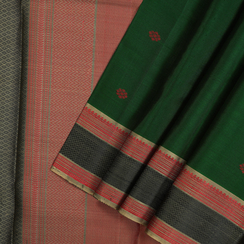 Hayagrivas Handloom Bottle Green Kanjivaram Silk Saree with Cream Beige Border KBE1072I16-1