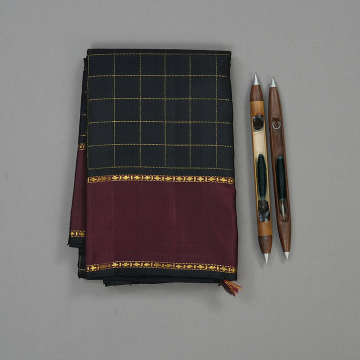 Hayagrivas Handloom Black Kanjivaram Silk Saree with Wine Maroon Border KBE1073I5-1