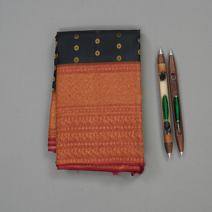 Hayagrivas Handloom Black Kanjivaram Silk Saree with Maroon Border KBE1075I13-1