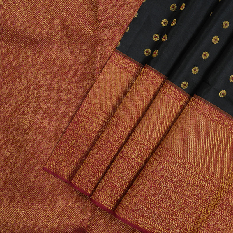 Hayagrivas Handloom Black Kanjivaram Silk Saree with Maroon Border KBE1075I13-1