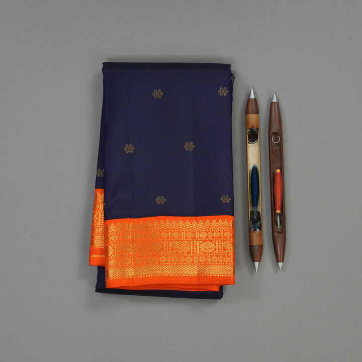 Hayagrivas Handloom Navy Blue Kanjivaram Silk Saree with Orange Border KBE1081I2-1