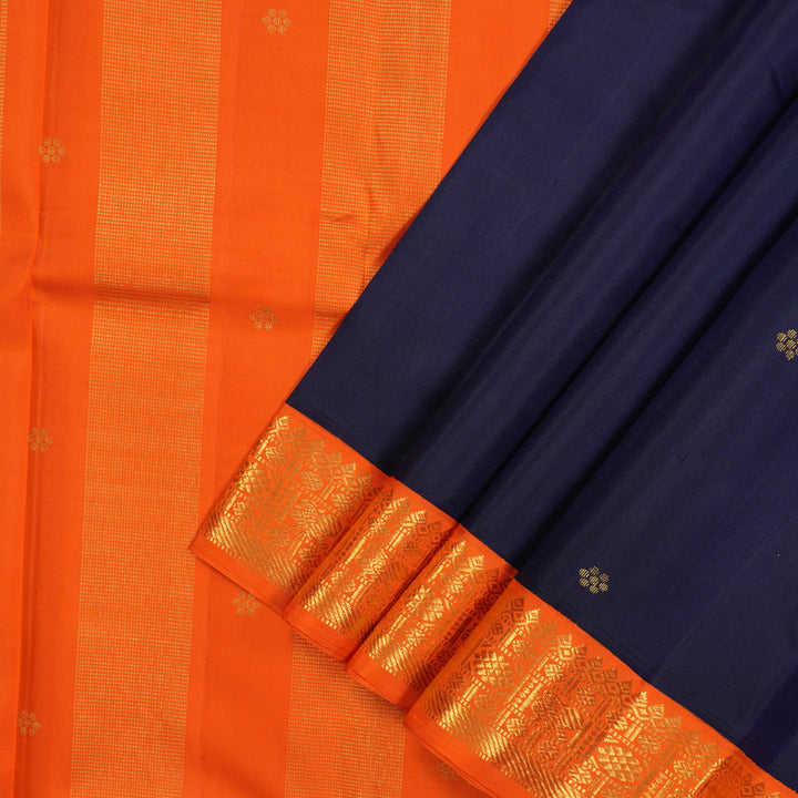 Hayagrivas Handloom Navy Blue Kanjivaram Silk Saree with Orange Border KBE1081I2-1