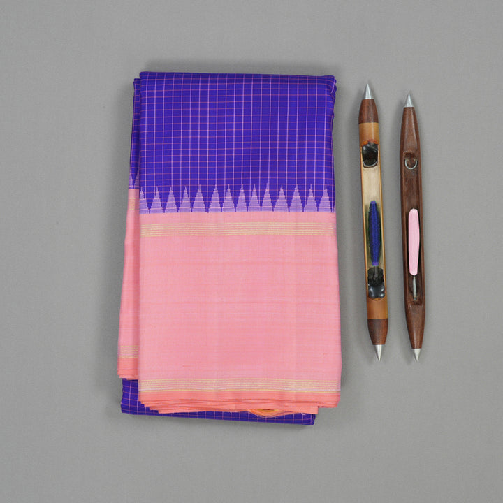 Hayagrivas Handloom Purplish-Blue Kanjivaram Silk Saree with Baby Pink Border KBE1081I4-1