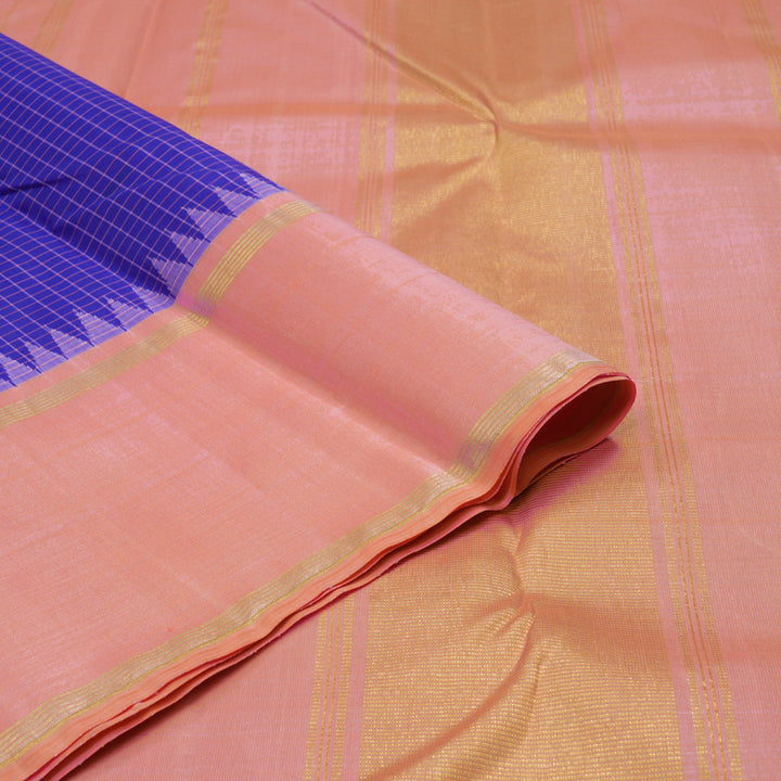 Hayagrivas Handloom Purplish-Blue Kanjivaram Silk Saree with Baby Pink Border KBE1081I4-1
