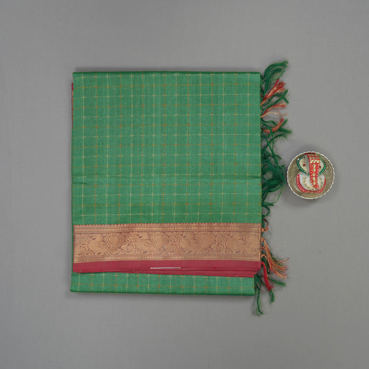 Hayagrivas Handloom Light Green Pure Silk Cotton Saree with Mild Red Border KBE1083I3-9