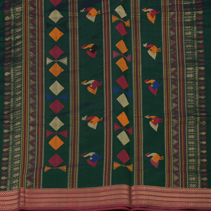 Hayagrivas Peacock Green Pure Kanchi Silk Cotton Saree with Maroon Border KBE1083I5-8