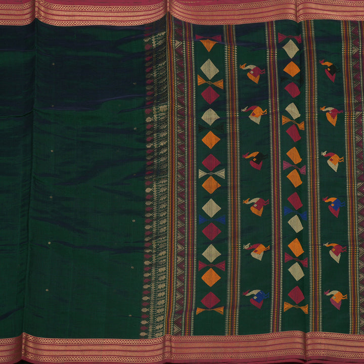 Hayagrivas Peacock Green Pure Kanchi Silk Cotton Saree with Maroon Border KBE1083I5-8