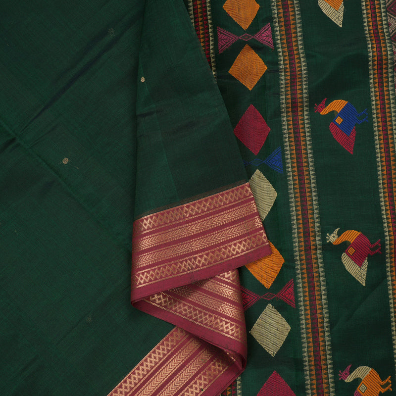 Hayagrivas Peacock Green Pure Kanchi Silk Cotton Saree with Maroon Border KBE1083I5-8