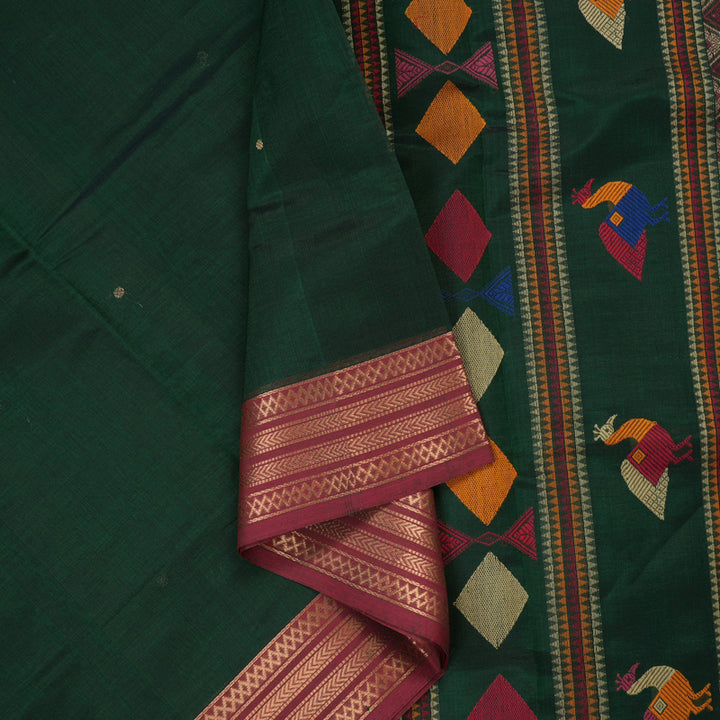 Hayagrivas Peacock Green Pure Kanchi Silk Cotton Saree with Maroon Border KBE1083I5-8