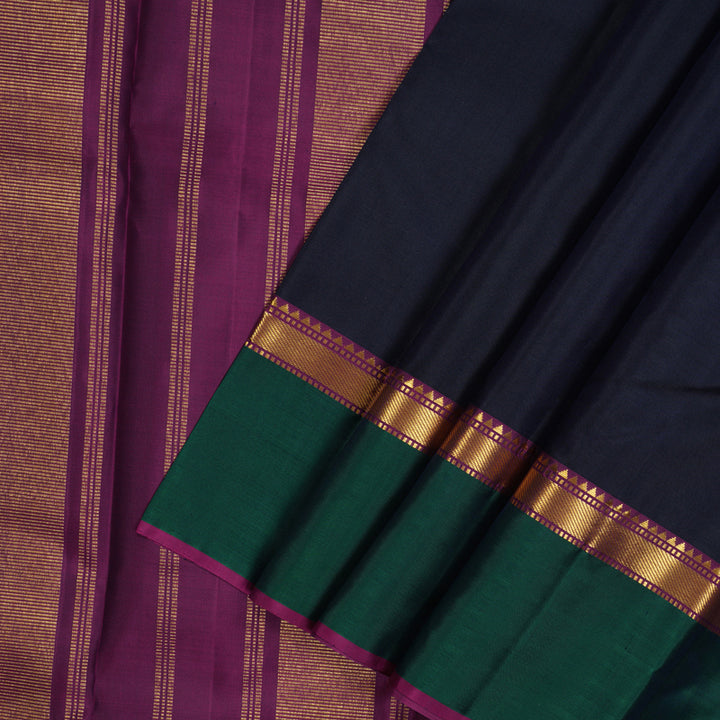 Hayagrivas Handloom Deep Midnight Blue Kanjivaram Silk Saree with Peacock Green Border KBE1091I25-4