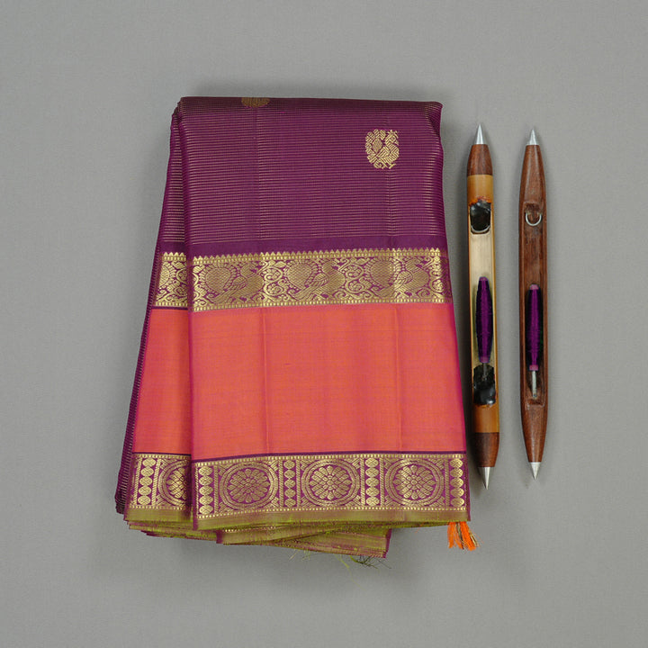 Hayagrivas Dark Purple Handloom Kanjivaram Silk Saree with Orangish Pink Border KBE10D15-1