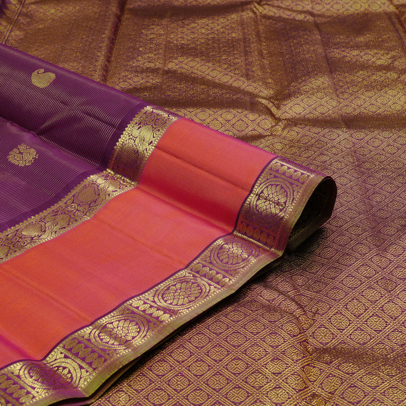 Hayagrivas Dark Purple Handloom Kanjivaram Silk Saree with Orangish Pink Border KBE10D15-1