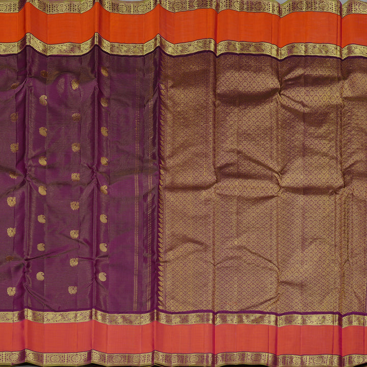 Hayagrivas Dark Purple Handloom Kanjivaram Silk Saree with Orangish Pink Border KBE10D15-1