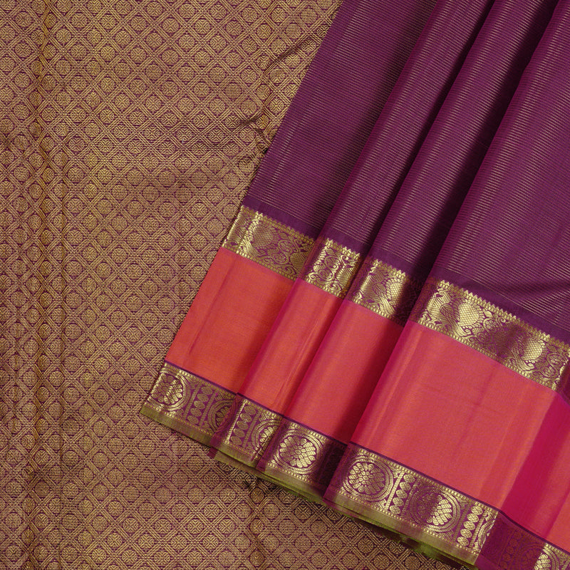 Hayagrivas Dark Purple Handloom Kanjivaram Silk Saree with Orangish Pink Border KBE10D15-1