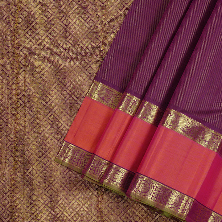 Hayagrivas Dark Purple Handloom Kanjivaram Silk Saree with Orangish Pink Border KBE10D15-1