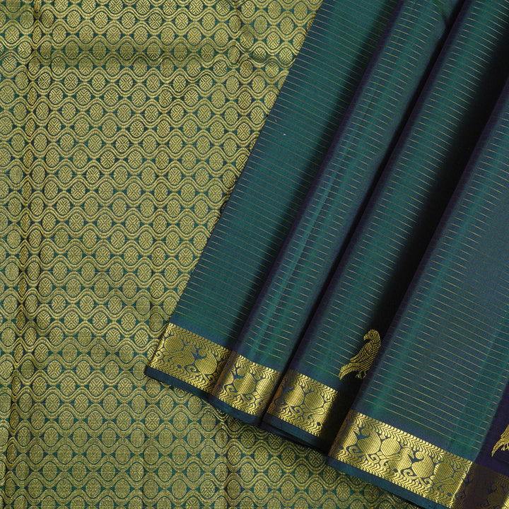 Hayagrivas Handloom Kanjivaram Silk Saree in an Inviting Peacock Green KBE10D23-1
