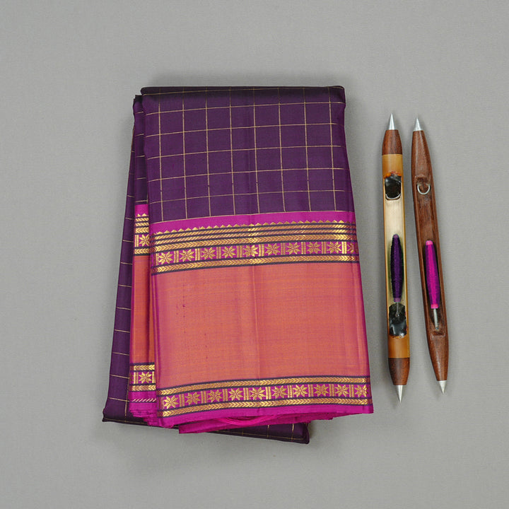 Hayagrivas Dark Purple Handloom Kanjivaram Silk Saree with Orangish Pink Border KBE10D3-1
