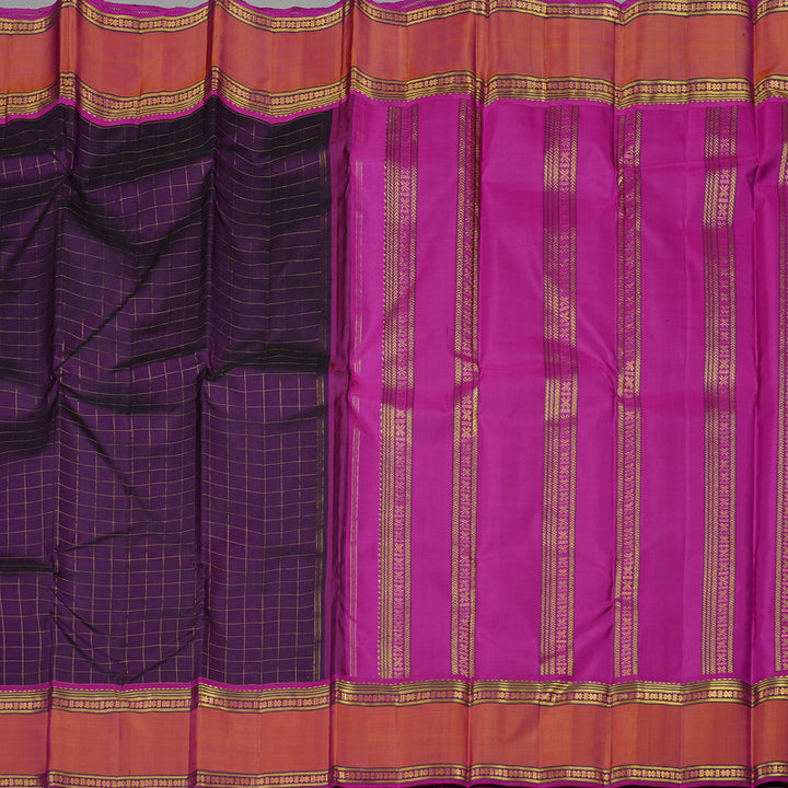 Hayagrivas Dark Purple Handloom Kanjivaram Silk Saree with Orangish Pink Border KBE10D3-1