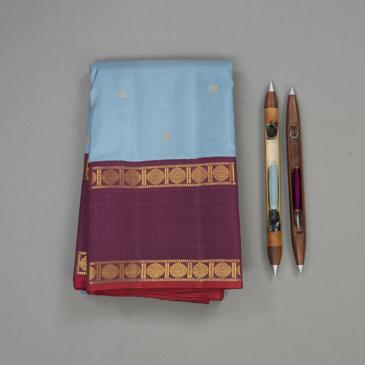 Hayagrivas Handloom Bluish Grey Kanjivaram Silk Saree with Plum Purple Border KBE1106I1-1