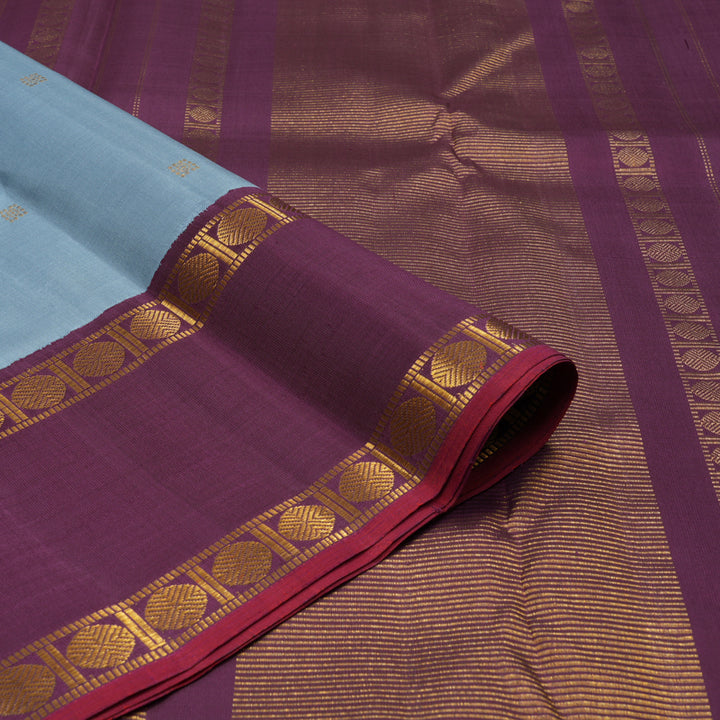 Hayagrivas Handloom Bluish Grey Kanjivaram Silk Saree with Plum Purple Border KBE1106I1-1