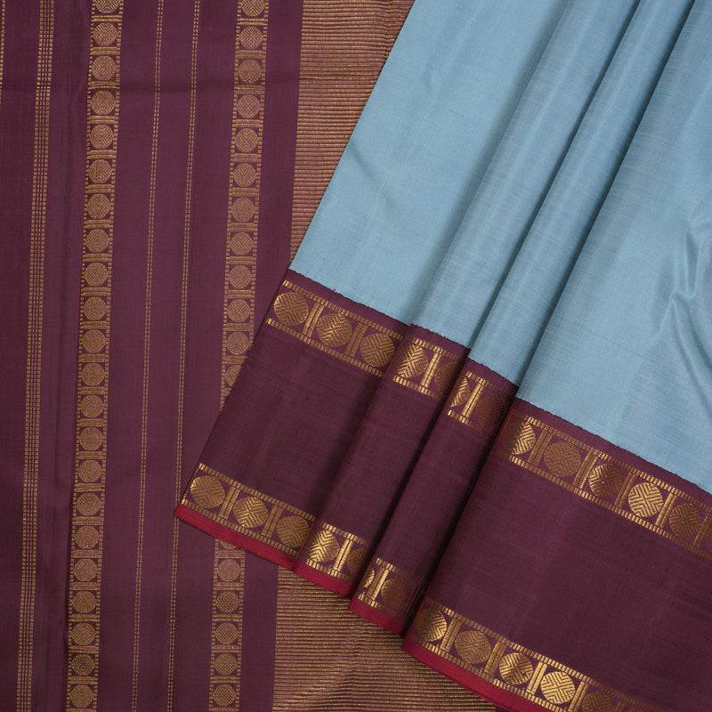Hayagrivas Handloom Bluish Grey Kanjivaram Silk Saree with Plum Purple Border KBE1106I1-1