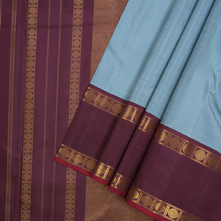 Hayagrivas Handloom Bluish Grey Kanjivaram Silk Saree with Plum Purple Border KBE1106I1-1