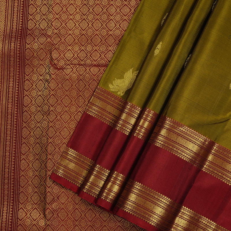 Hayagrivas Sampanga Yellow Handloom Kanjivaram Silk Saree with Wine Red Border KBE110D19-1