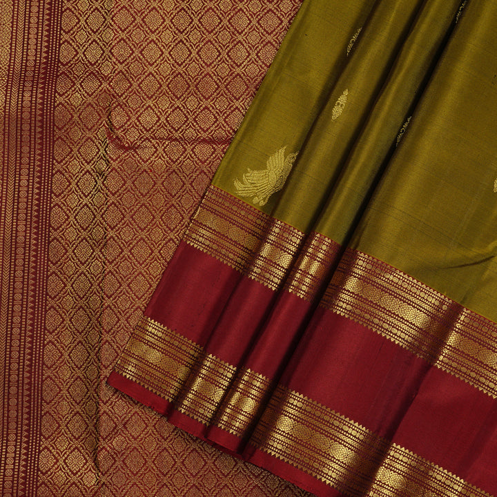 Hayagrivas Sampanga Yellow Handloom Kanjivaram Silk Saree with Wine Red Border KBE110D19-1