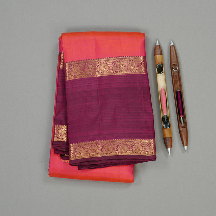 Hayagrivas Orangish Pink Handloom Kanjivaram Silk Saree with Dark Purple Border KBE110D4-2