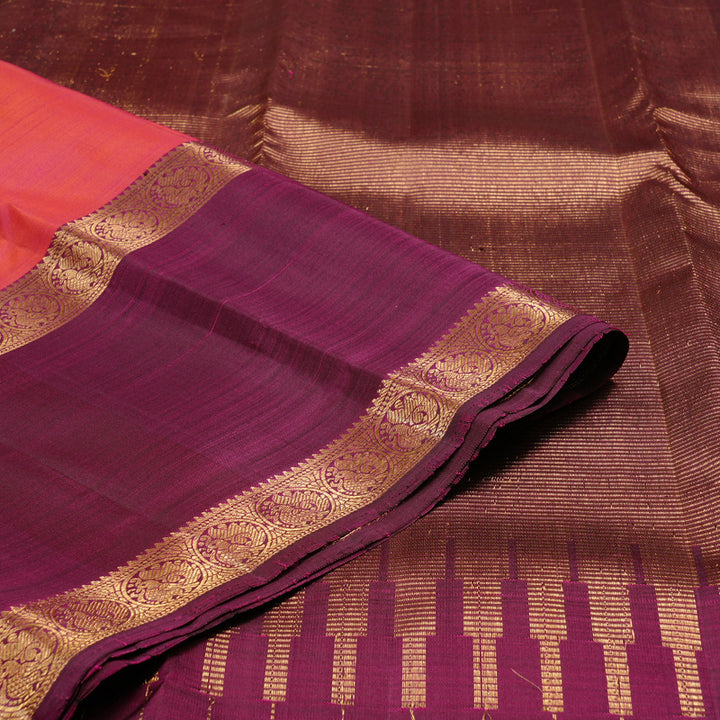 Hayagrivas Orangish Pink Handloom Kanjivaram Silk Saree with Dark Purple Border KBE110D4-2