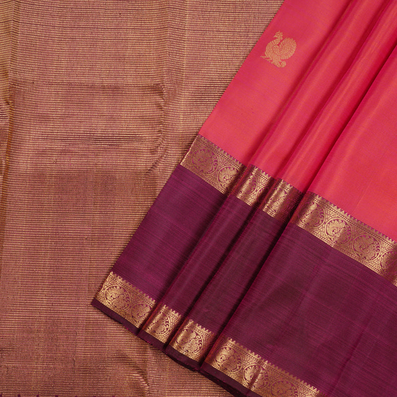 Hayagrivas Orangish Pink Handloom Kanjivaram Silk Saree with Dark Purple Border KBE110D4-2