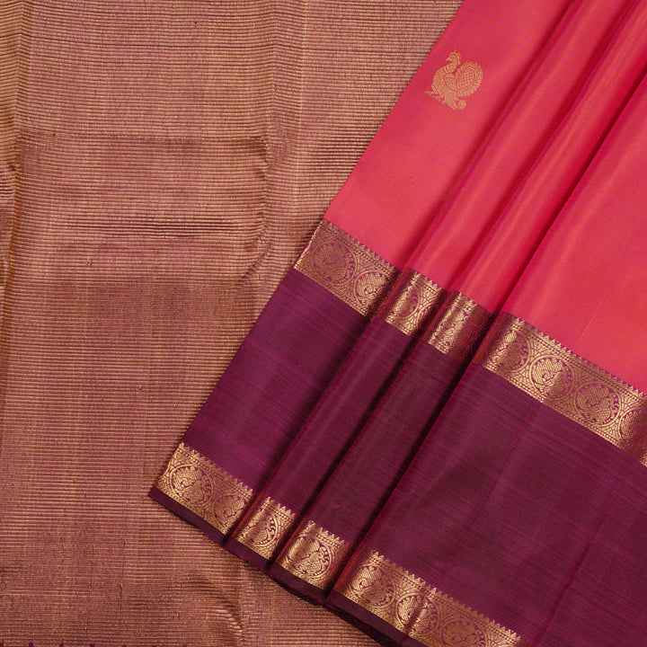 Hayagrivas Orangish Pink Handloom Kanjivaram Silk Saree with Dark Purple Border KBE110D4-2