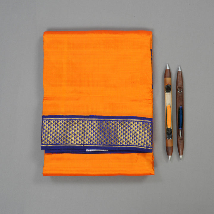 Hayagrivas Handloom Mango Orange Kanjivaram Ten Yards Silk Saree with Ink Blue Border KBE1113I5-1