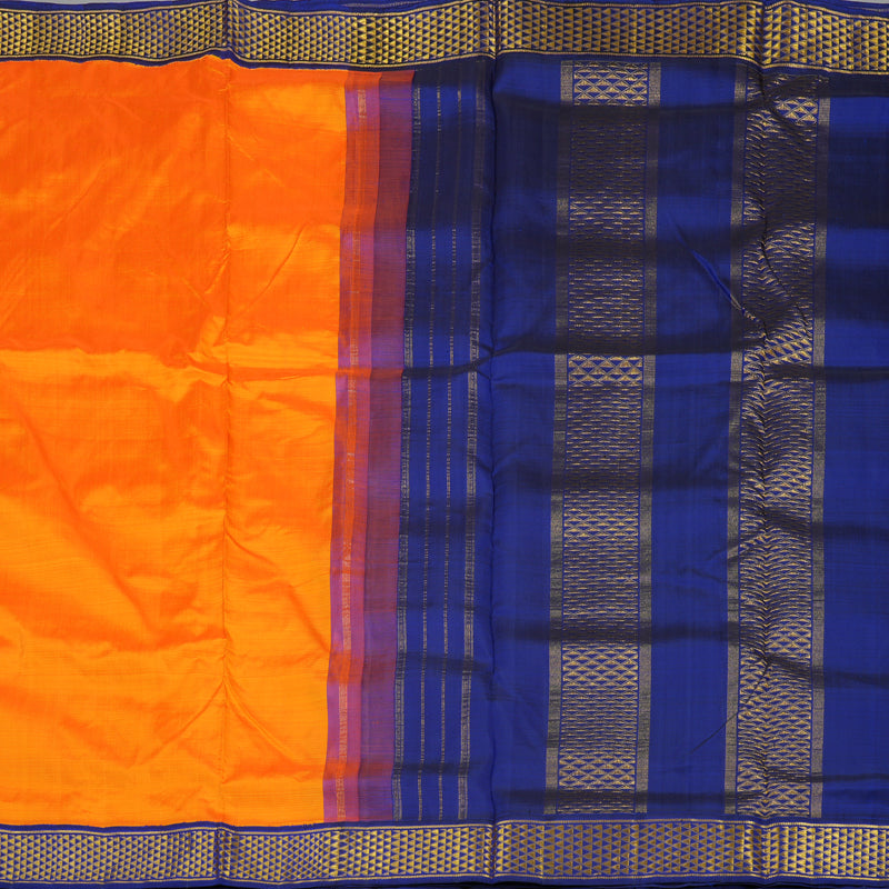 Hayagrivas Handloom Mango Orange Kanjivaram Ten Yards Silk Saree with Ink Blue Border KBE1113I5-1