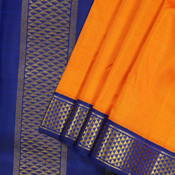 Hayagrivas Handloom Mango Orange Kanjivaram Ten Yards Silk Saree with Ink Blue Border KBE1113I5-1