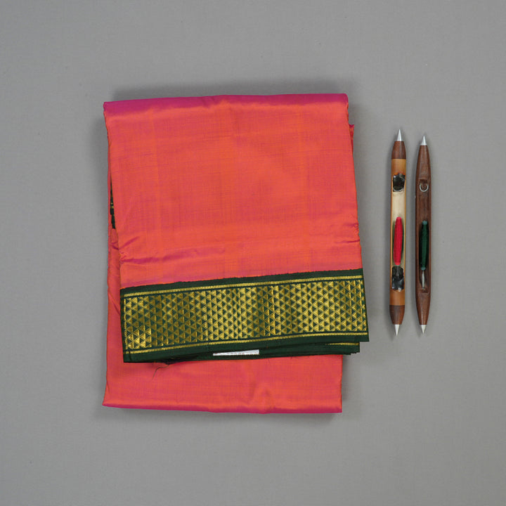 Hayagrivas Handloom Orangish Pink Kanjivaram Ten Yards Silk Saree with Karum Pachai Border KBE1113I7-1