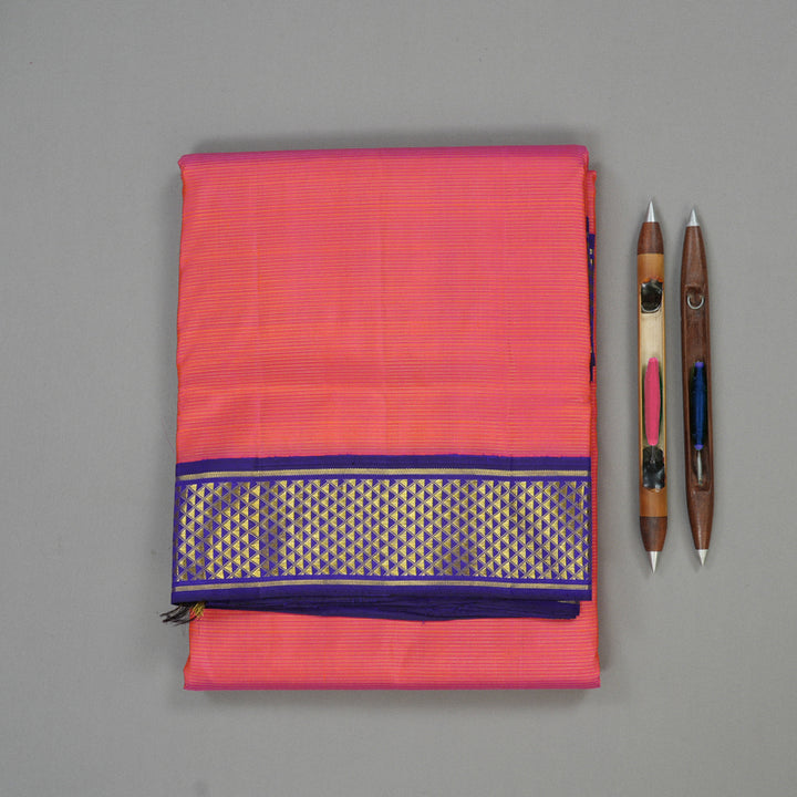 Hayagrivas Handloom Pinkish-Orange Kanjivaram Ten Yards Silk Saree with Purplish Blue Border KBE1113I9-2
