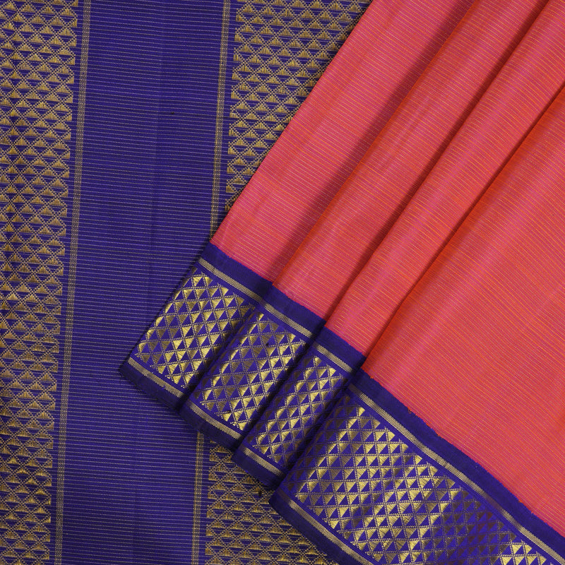 Hayagrivas Handloom Pinkish-Orange Kanjivaram Ten Yards Silk Saree with Purplish Blue Border KBE1113I9-2