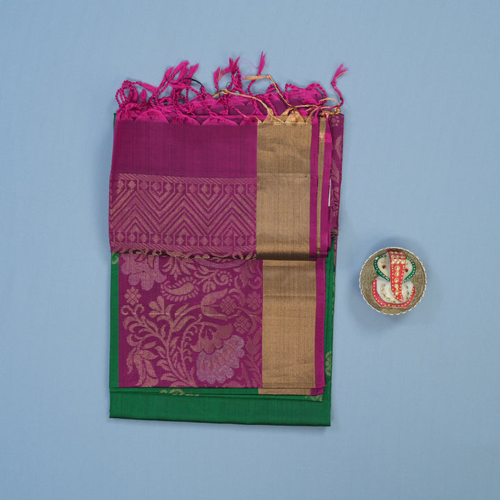Hayagrivas Dark Green Handloom Soft Silk Saree with Purple Border KBE1118I1-61