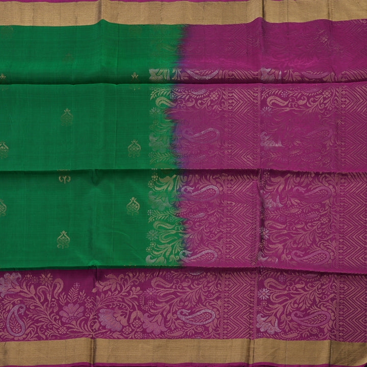 Hayagrivas Dark Green Handloom Soft Silk Saree with Purple Border KBE1118I1-61